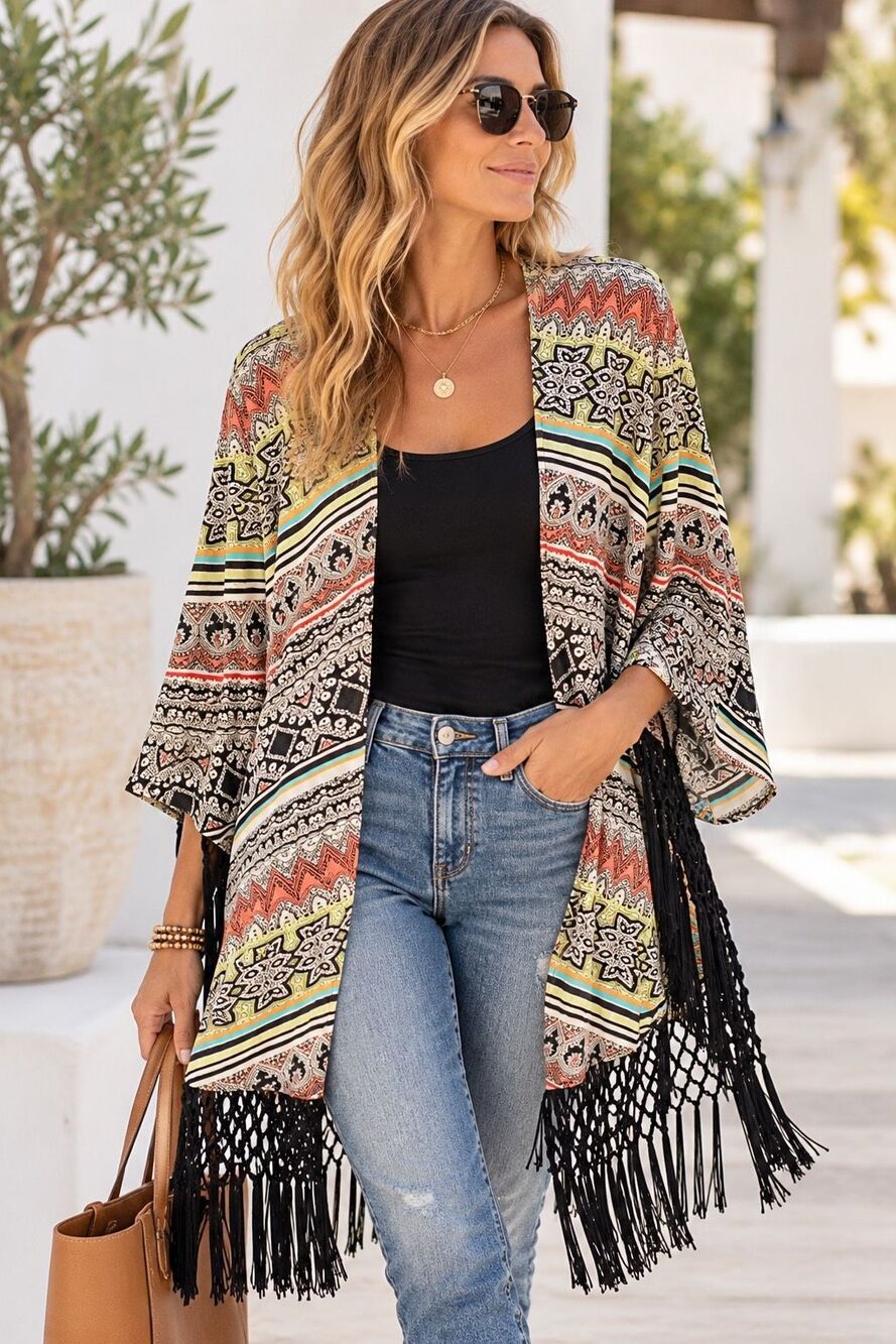 Democracy XL Boho Print Kimono Cardigan Black Fringe Festival Western